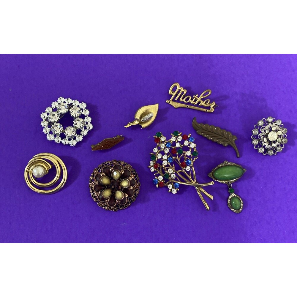 Lot of 10 Vintage Brooch Pins, Rhinestone, Faux Pearls, Gold Tone, Silver Tone